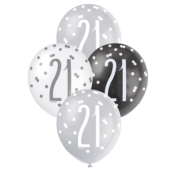 "21" Black, Silver & White Assorted Balloons 30cm (Pack of 6)