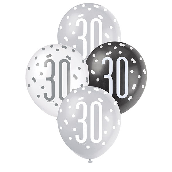 "30" Black, Silver & White Assorted Balloons 30cm (Pack of 6)