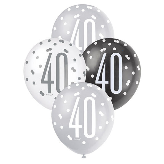 "40" Black, Silver & White Assorted Balloons 30cm (Pack of 6)