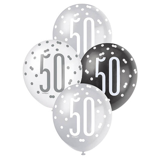 "50" Black, Silver & White Assorted Balloons 30cm (Pack of 6)