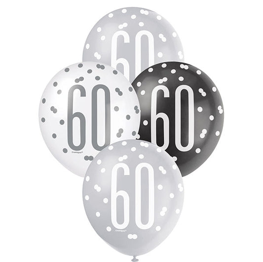 "60" Black, Silver & White Assorted Balloons 30cm (Pack of 6)