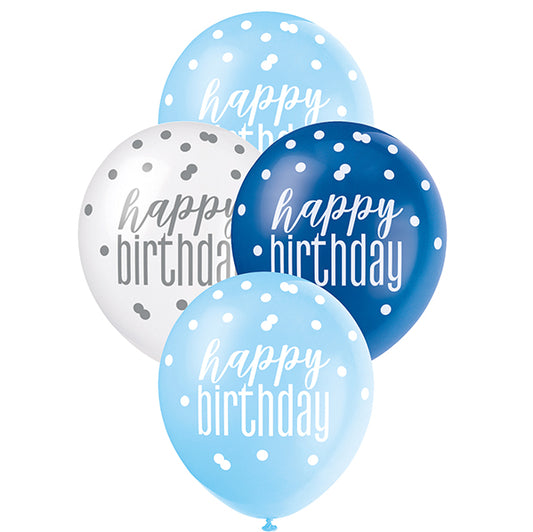 "Happy Birthday" Blue & White Assorted Balloons 30cm (Pack of 6)