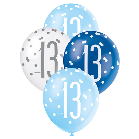 "13" Blue & White Assorted Balloons 30cm (Pack of 6)