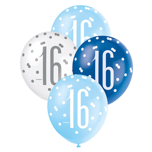 "16" Blue & White Assorted Balloons 30cm (Pack of 6)