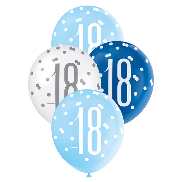 "18" Blue & White Assorted Balloons 30cm (Pack of 6)