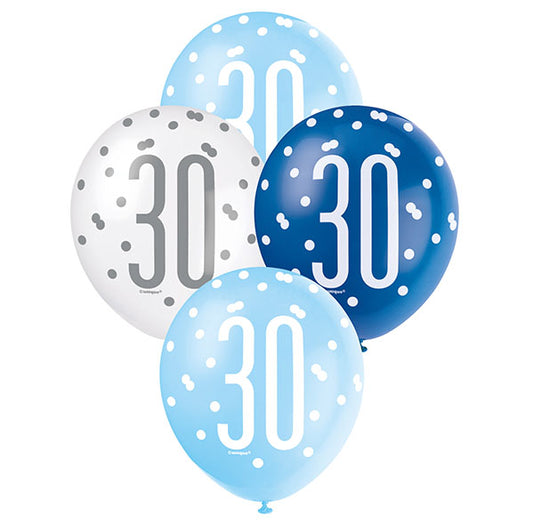 "30" Blue & White Assorted Balloons 30cm (Pack of 6)