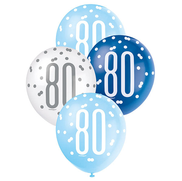 "80" Blue & White Assorted Balloons 30cm (Pack of 6)