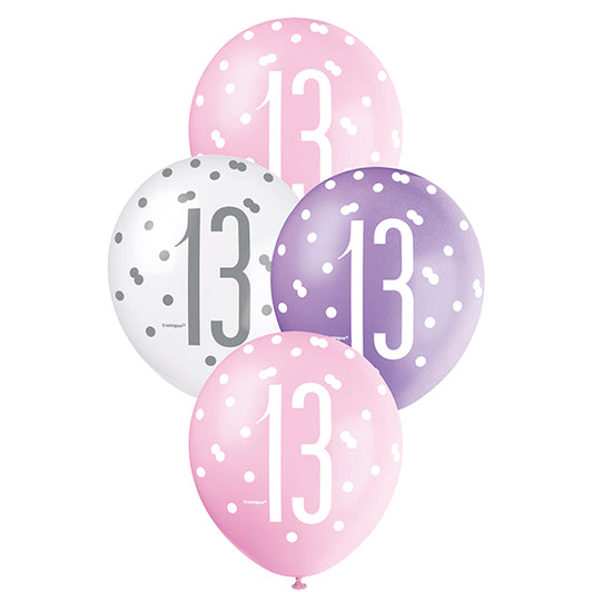 "13" Pink, Purple & White Assorted Balloons 30cm (Pack of 6)