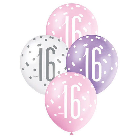 "16" Pink, Purple & White Assorted Balloons 30cm (Pack of 6)