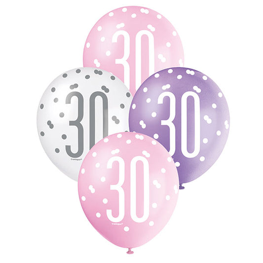 "30" Pink, Purple & White Assorted Balloons 30cm (Pack of 6)