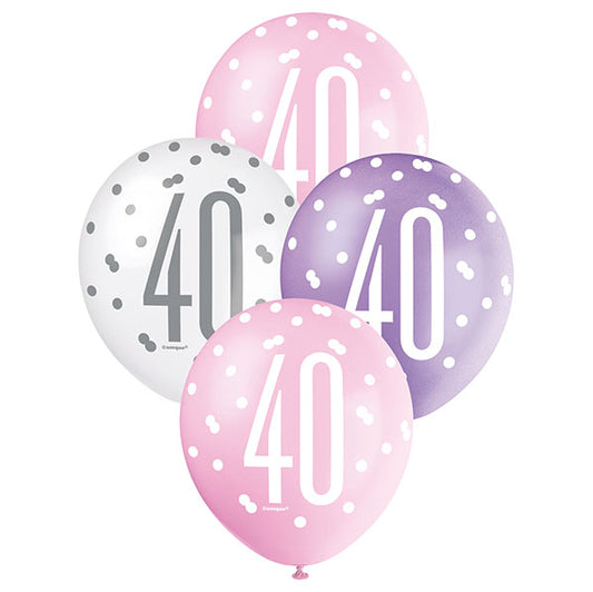 "40" Pink, Purple & White Assorted Balloons 30cm (Pack of 6)