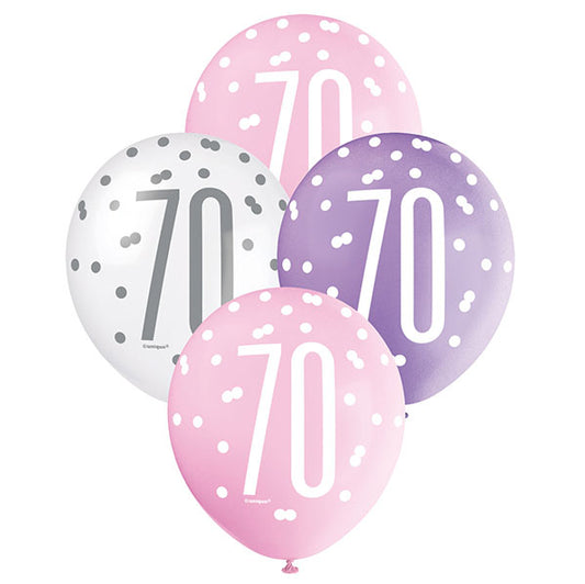 "70" Pink, Purple & White Assorted Balloons 30cm (Pack of 6)