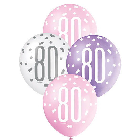 "80" Pink, Purple & White Assorted Balloons 30cm (Pack of 6)