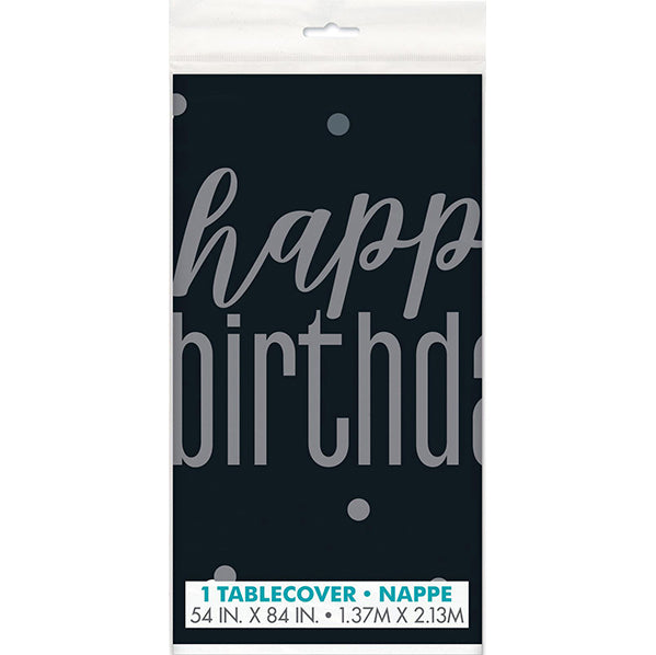 Black & Silver "Happy Birthday" Printed Tablecover 137cm x 213cm