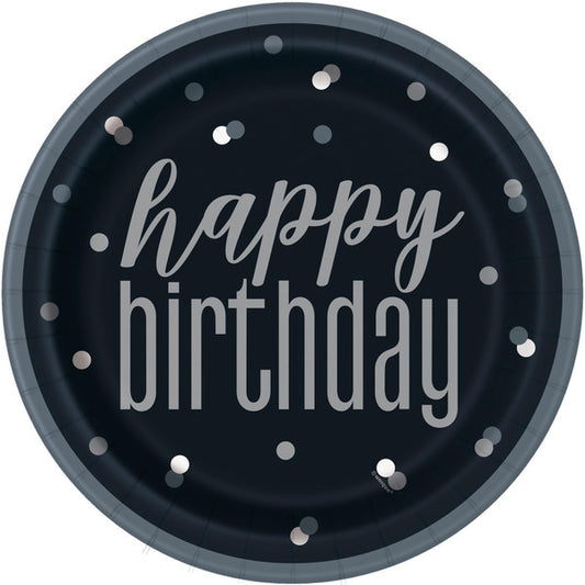 Black & Silver "Happy Birthday" Paper Plates 23cm (Pack of 8)