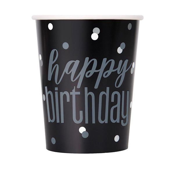 Black & Silver "Happy Birthday" Paper Cups 270ml (Pack of 8)