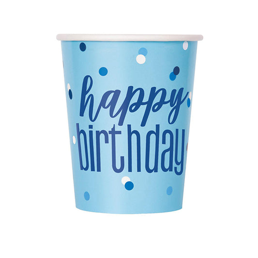 Blue "Happy Birthday" Paper Cups 270ml (Pack of 8)