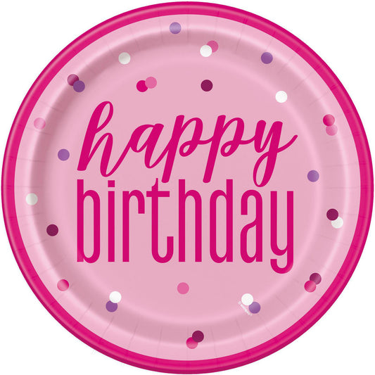 Pink "Happy Birthday" Paper Plates 23cm (Pack of 8)