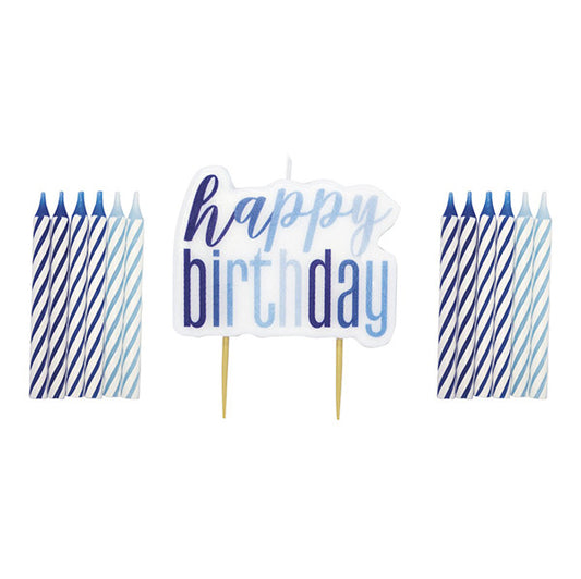 "Happy Birthday" Candle And 12 Spiral Candles - Blue