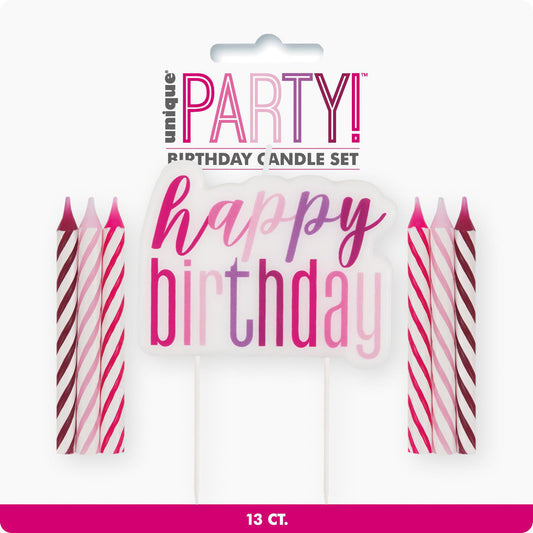 "Happy Birthday" Candle And 12 Spiral Candles - Pink