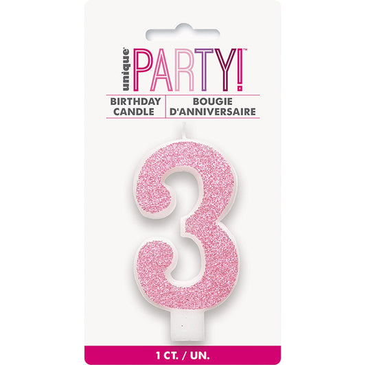 Glitter Pink Numeral Candle - 3