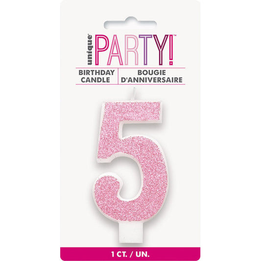 Glitter Pink Numeral Candle - 5