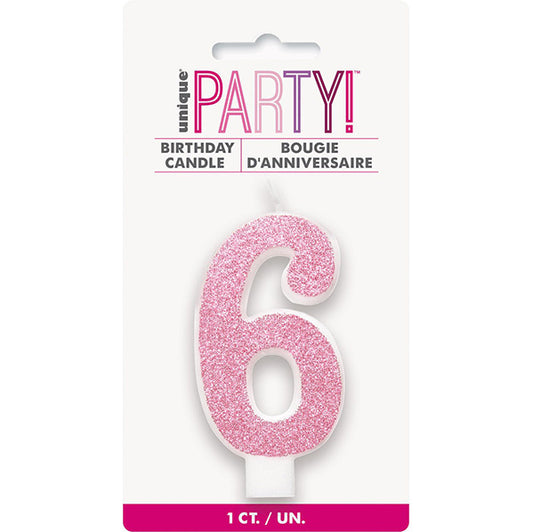 Glitter Pink Numeral Candle - 6