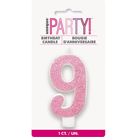 Glitter Pink Numeral Candle - 9