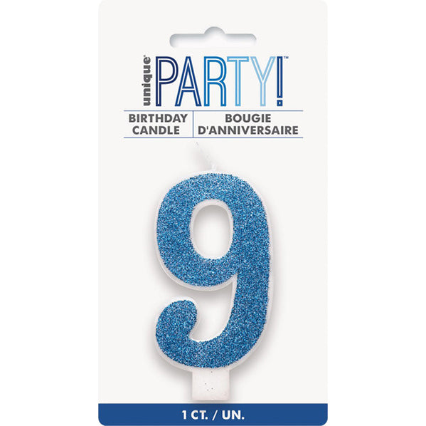 Glitter Blue Numeral Candle - 9