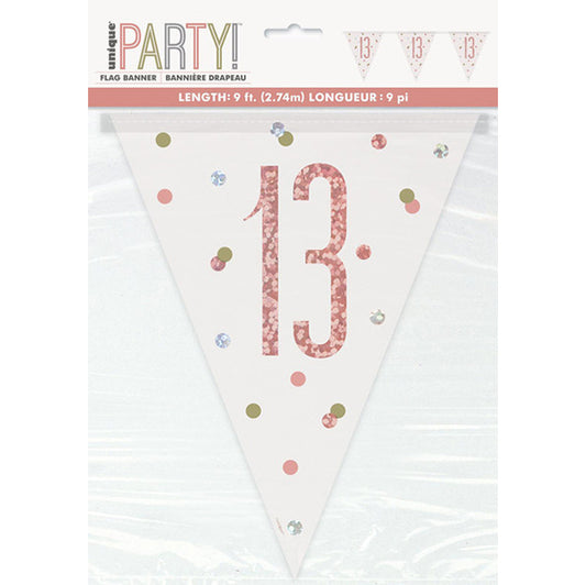 Rose Gold "13" Prismatic Foil Flag Banner - 2.74m