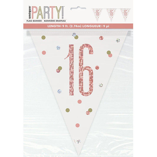 Rose Gold "16" Prismatic Foil Flag Banner - 2.74m