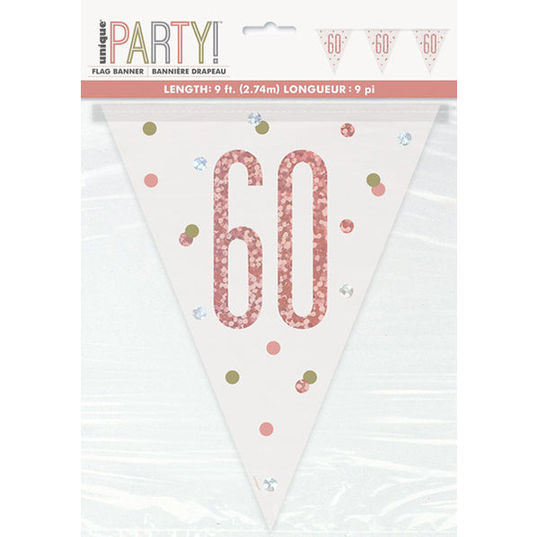 Rose Gold "60" Prismatic Foil Flag Banner - 2.74m