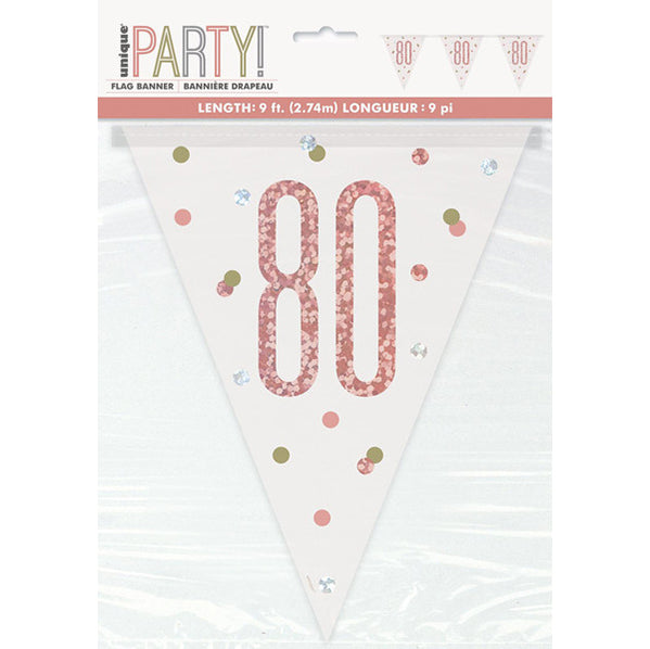 Rose Gold "80" Prismatic Foil Flag Banner - 2.74m