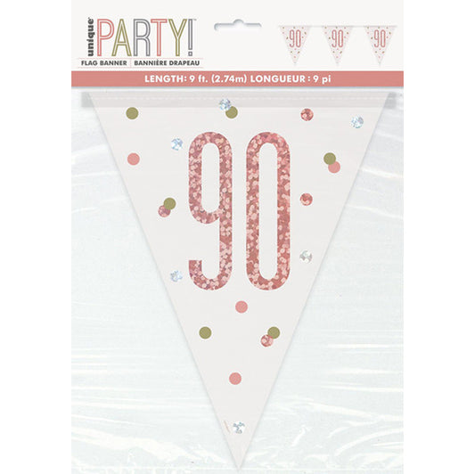 Rose Gold "90" Prismatic Foil Flag Banner - 2.74m