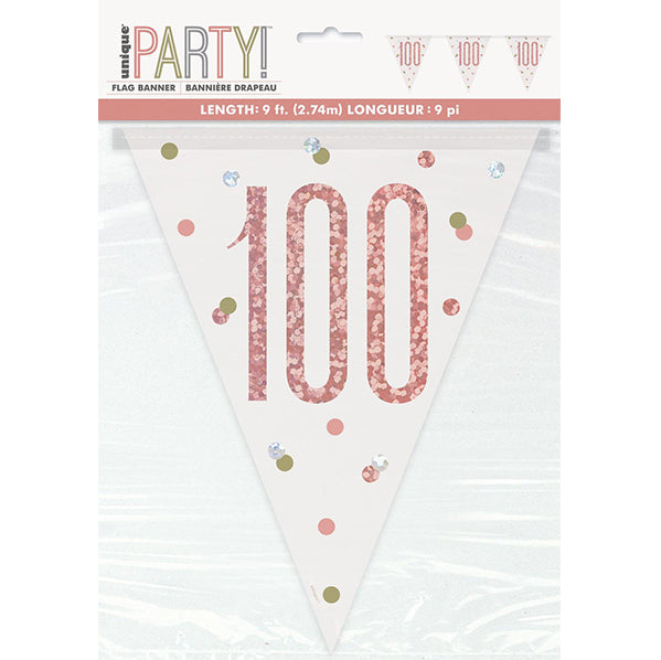 Rose Gold "100" Prismatic Foil Flag Banner - 2.74m