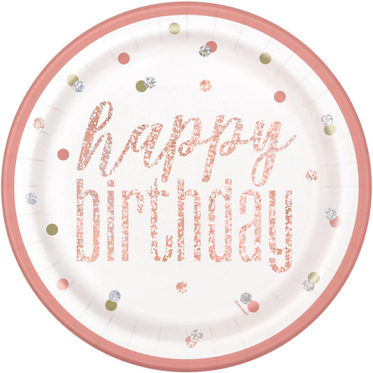 Rose Gold "Happy Birthday" Prismatic Paper Plates 23cm (Pack of 8)