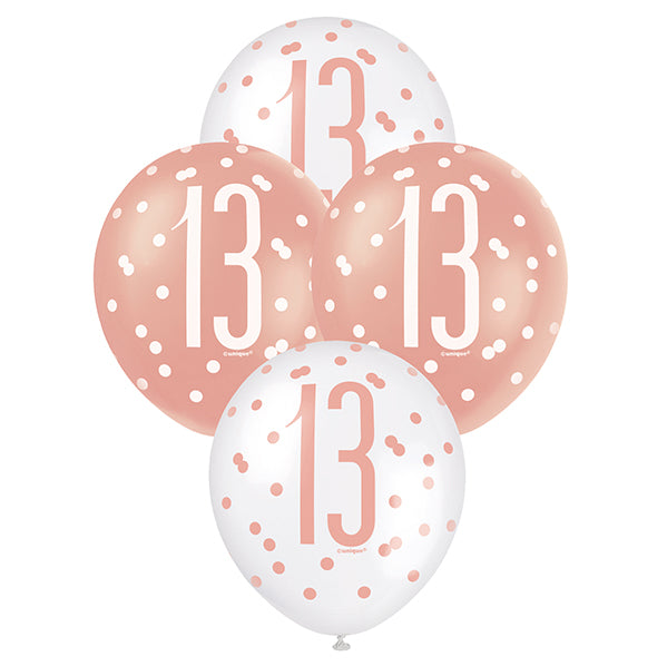 "13" Rose Gold & White Assorted Balloons 30cm (Pack of 6)