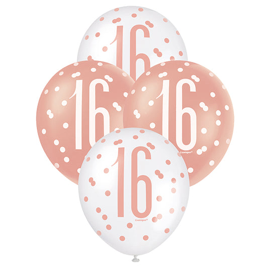 "16" Rose Gold & White Assorted Balloons 30cm (Pack of 6)