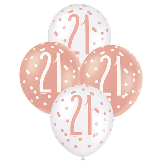 "21" Rose Gold & White Assorted Balloons 30cm (Pack of 6)