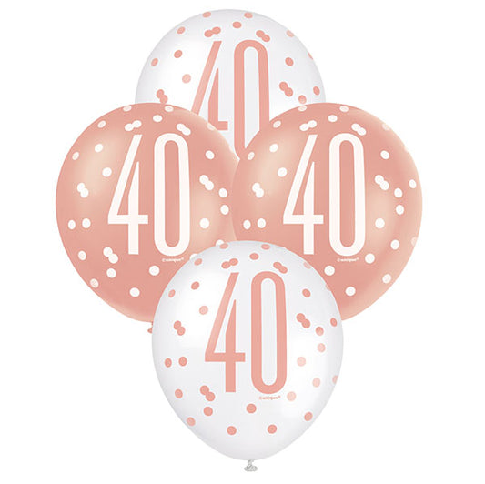 "40" Rose Gold & White Assorted Balloons 30cm (Pack of 6)