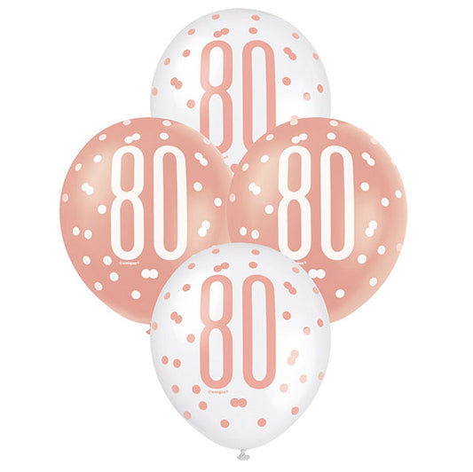 "80" Rose Gold & White Assorted Balloons 30cm (Pack of 6)