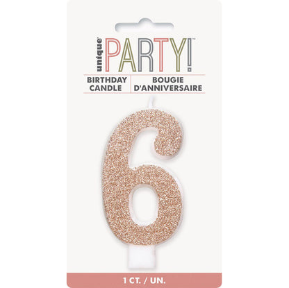 Glitter Rose Gold Numeral Candle - 6