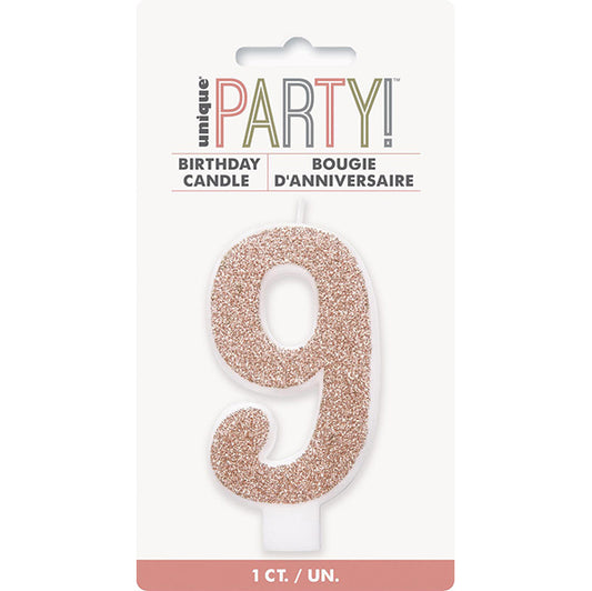 Glitter Rose Gold Numeral Candle - 9