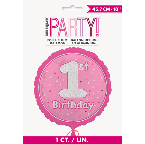 Pink "1st Birthday" Foil Prismatic Balloon 45cm