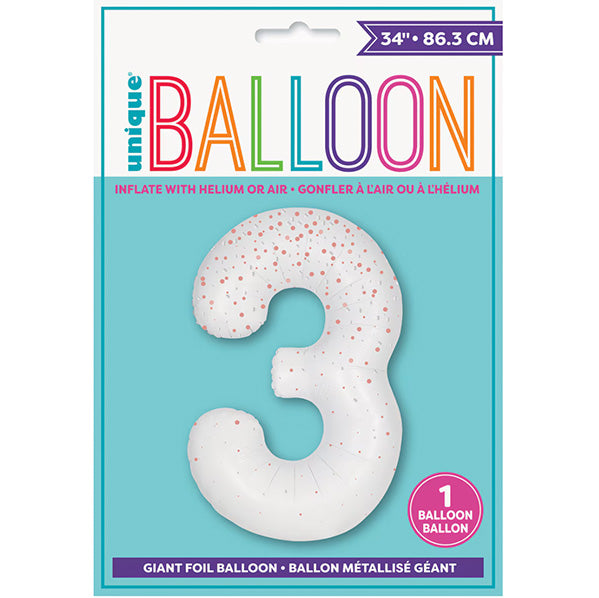 Glitz White "3" Numeral Foil Balloon (86cm)