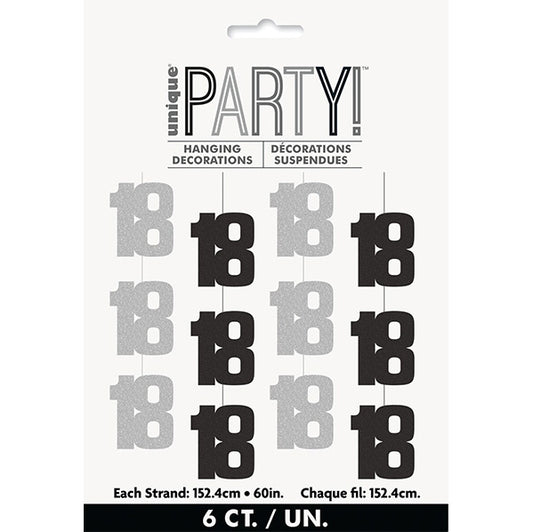 Glitz Black & Silver "18" Hanging Decorations (Pack of 6)