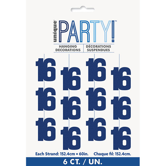 Glitz Blue "16" Hanging Decorations (Pack of 6)