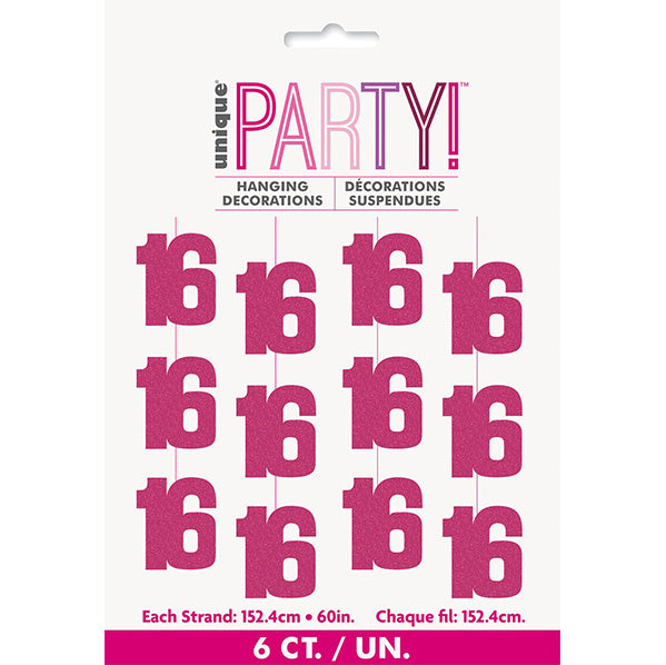 Glitz Pink "16" Hanging Decorations (Pack of 6)