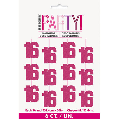 Glitz Pink "16" Hanging Decorations (Pack of 6)