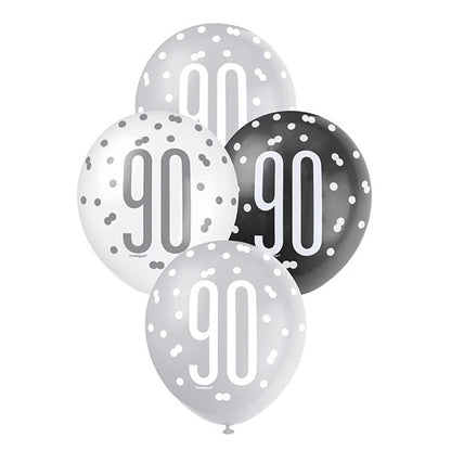 "90" Black, Silver & White Assorted Balloons 30cm (Pack of 6) - The Party Marketplace